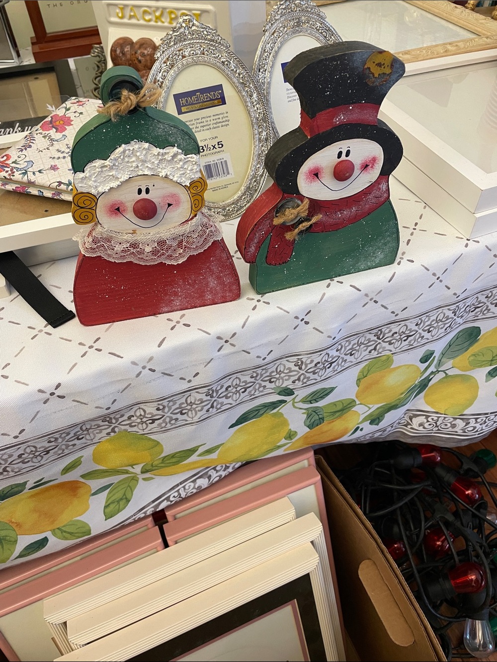 Handcrafted Holiday Snowman and Mrs. Snowman Wooden Figurines - Red & Green